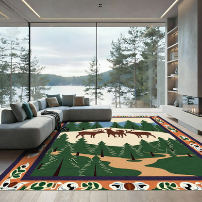 Brown Deer Forest Mountain Landscape Rug