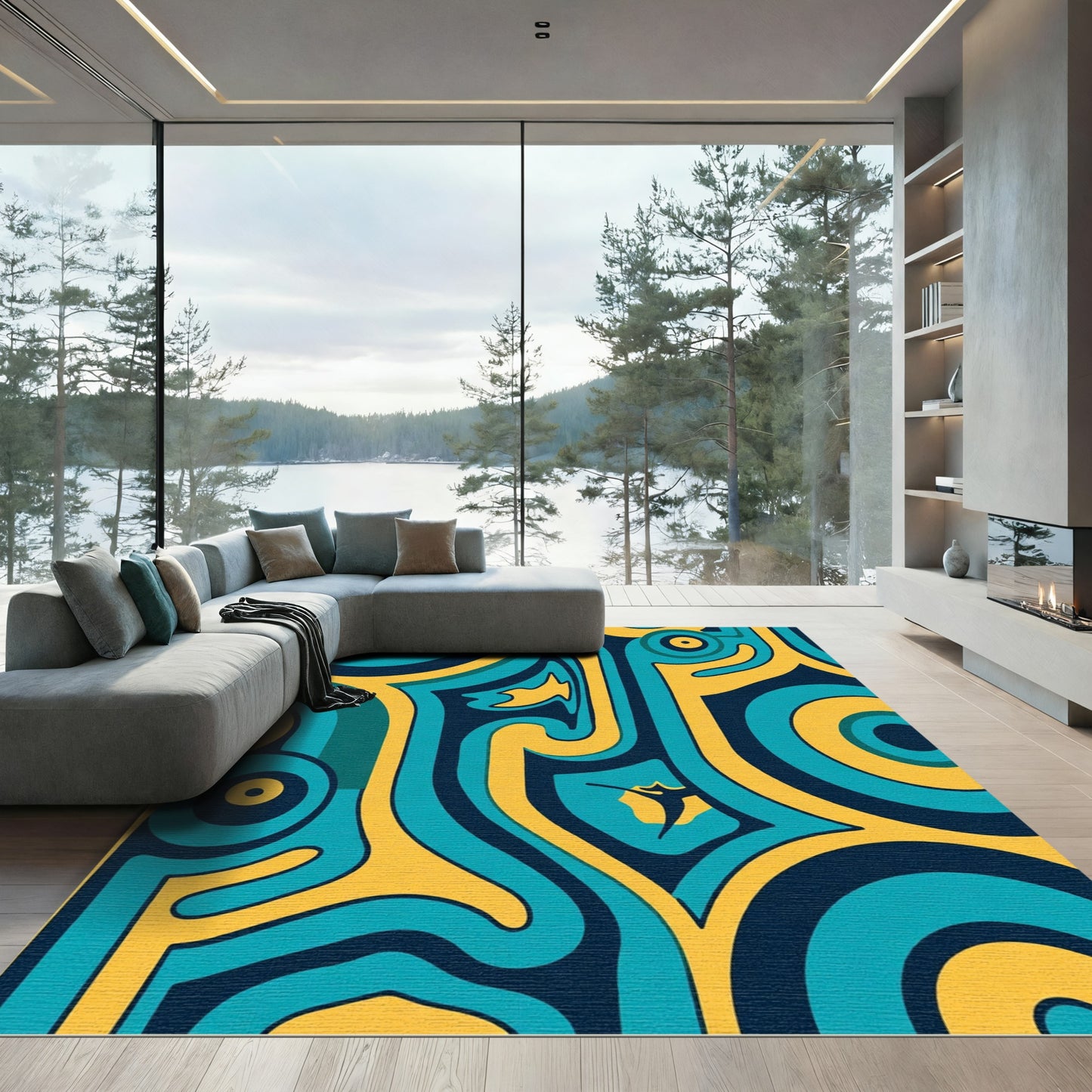 Vibrant Teal Yellow Swirl Abstraction Rug