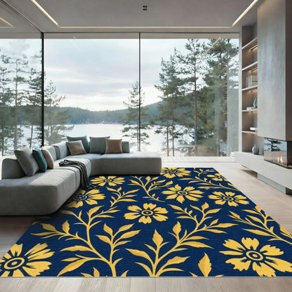 Golden Floral Branches Navy Blue Rug