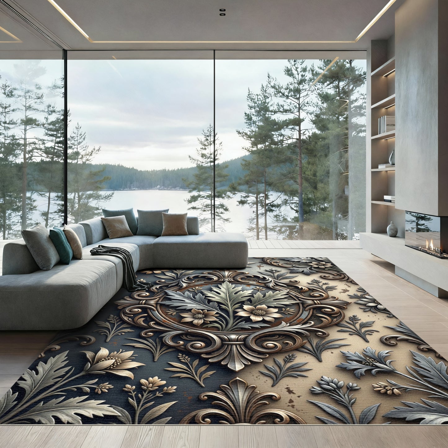 Ornate Silver Gold Floral Damask Rug