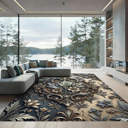 Ornate Silver Gold Floral Damask Rug