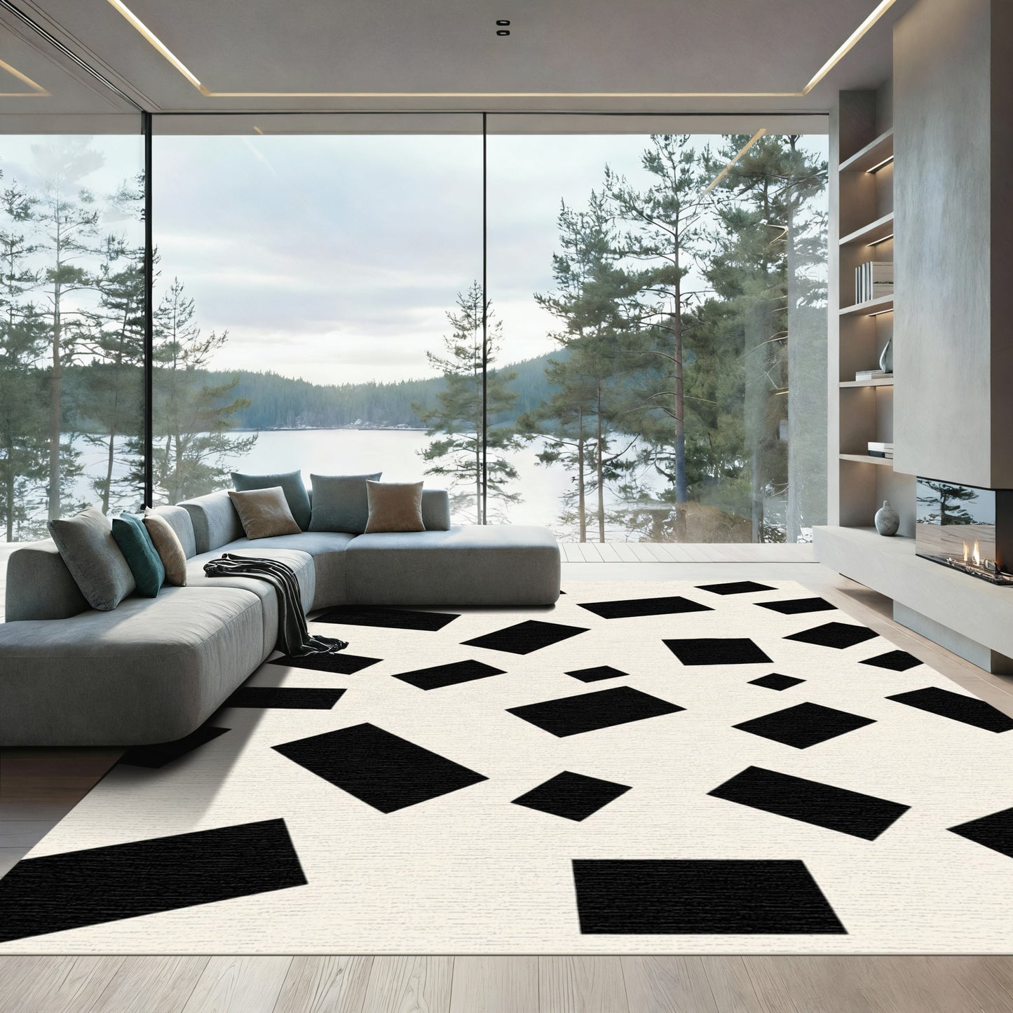 Abstract Black Blocks Cream Background Rug