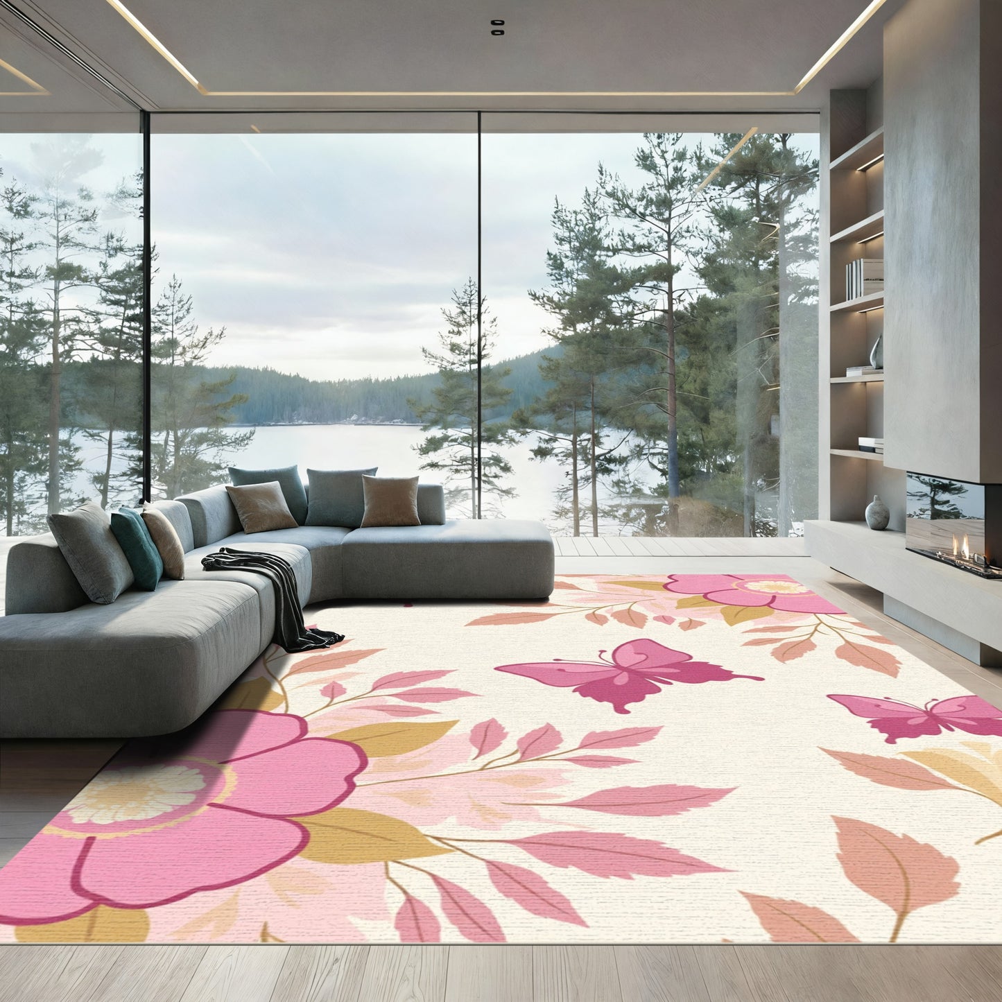 Pink Butterfly Floral Cream Rug
