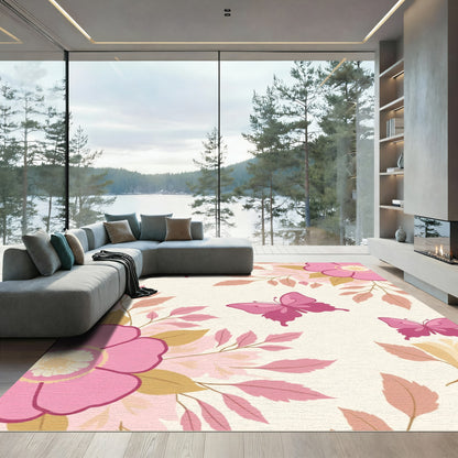 Pink Butterfly Floral Cream Rug