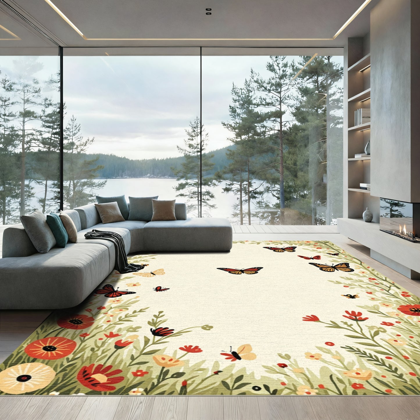 Whimsical Golden Butterfly Garden Rug