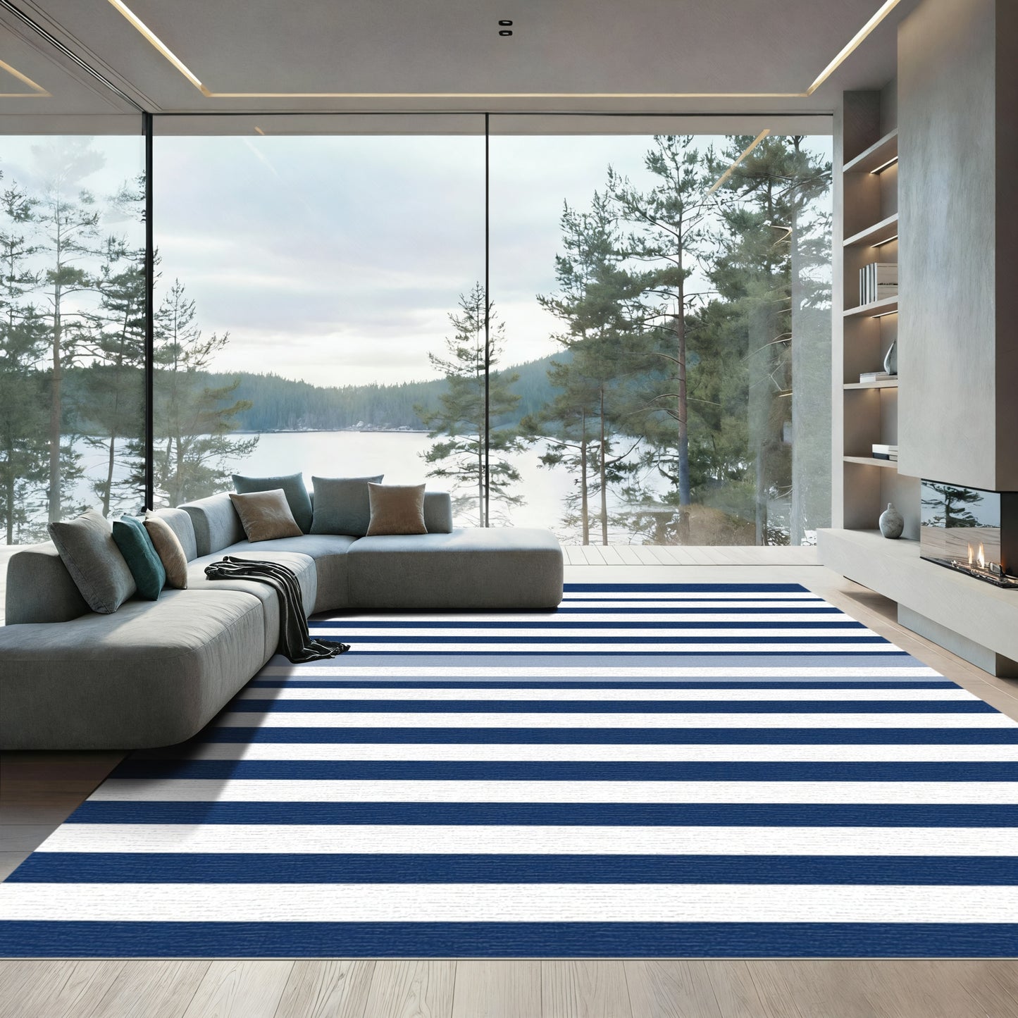 Classic Blue And White Horizontal Stripes Rug