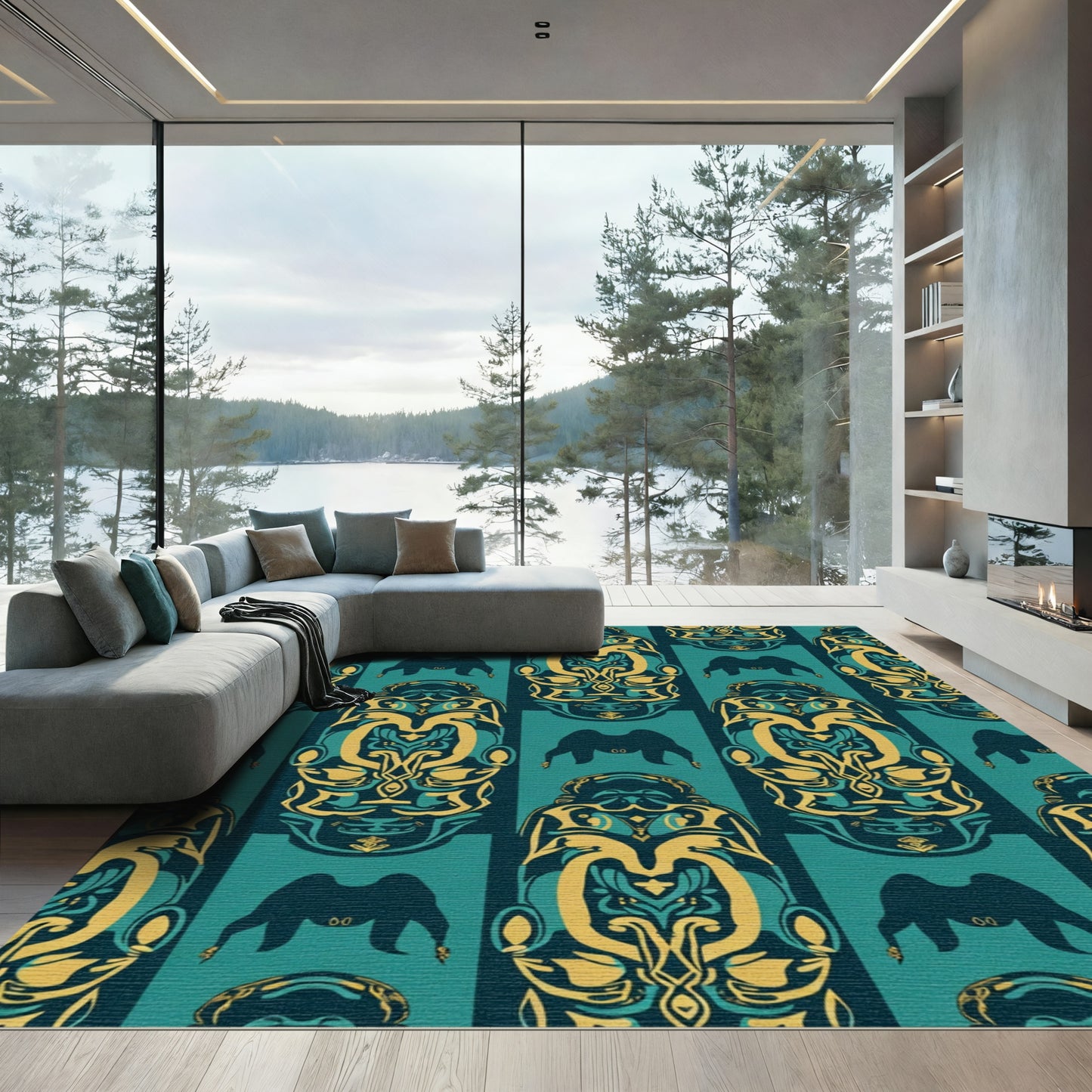 Majestic Teal Gold Tribal Mask Rug