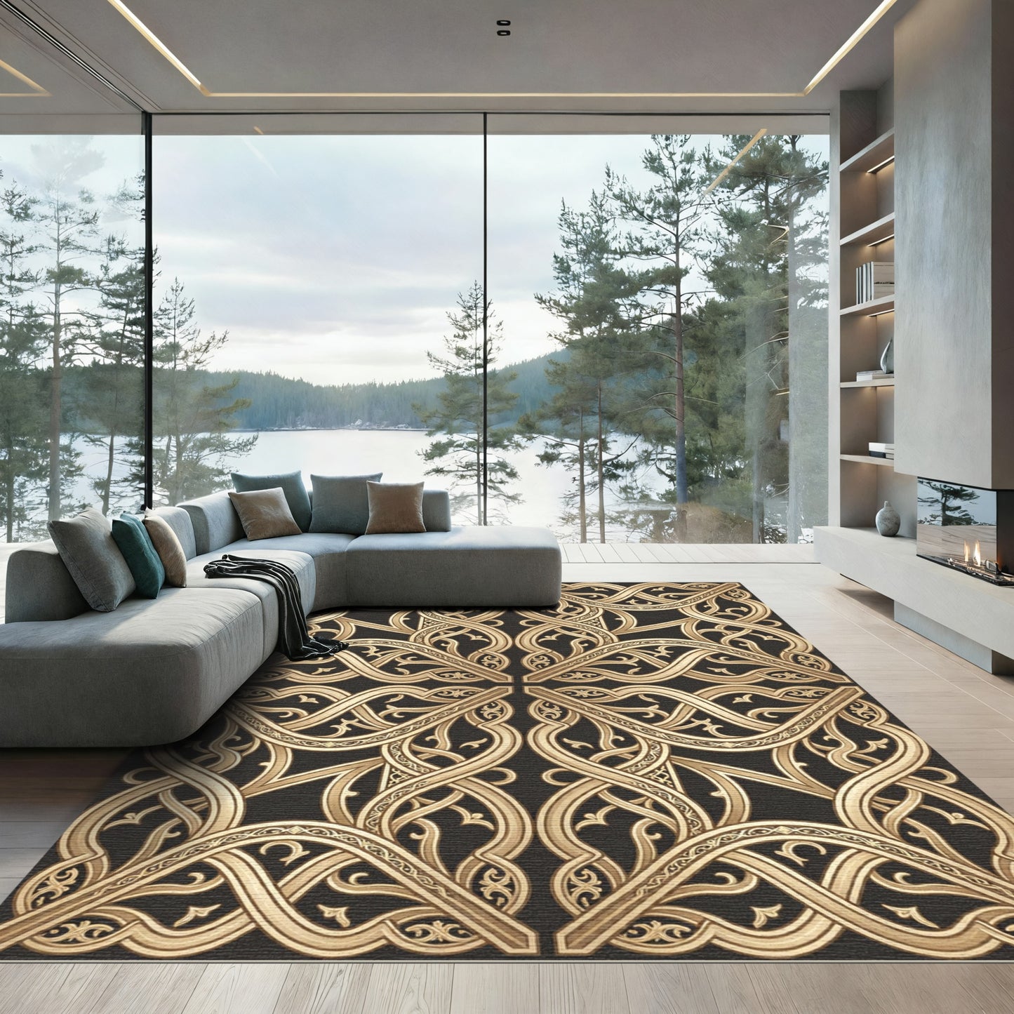 Gold Interlocking Scrollwork Square Rug