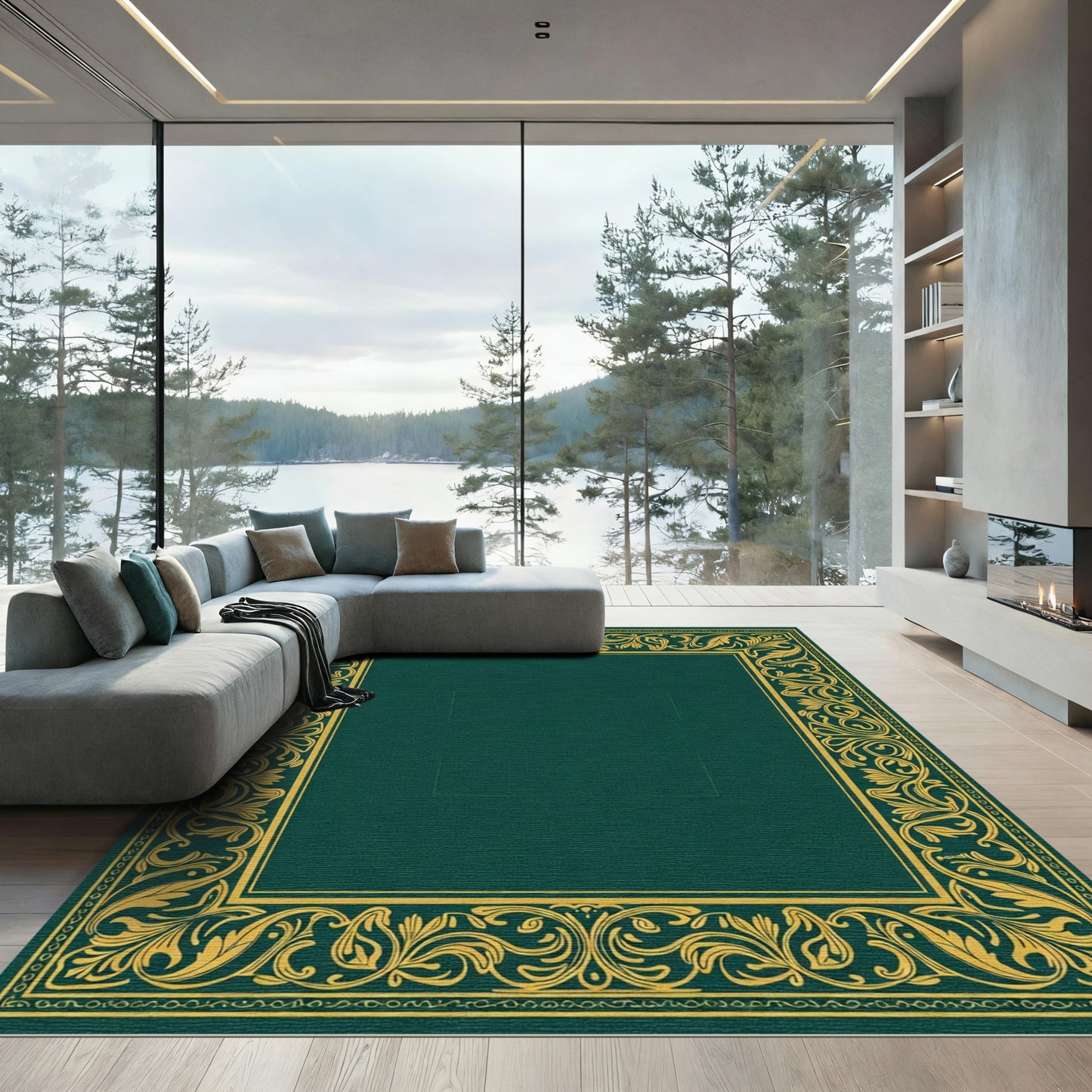 Emerald Gold Ornate Floral Border Rug