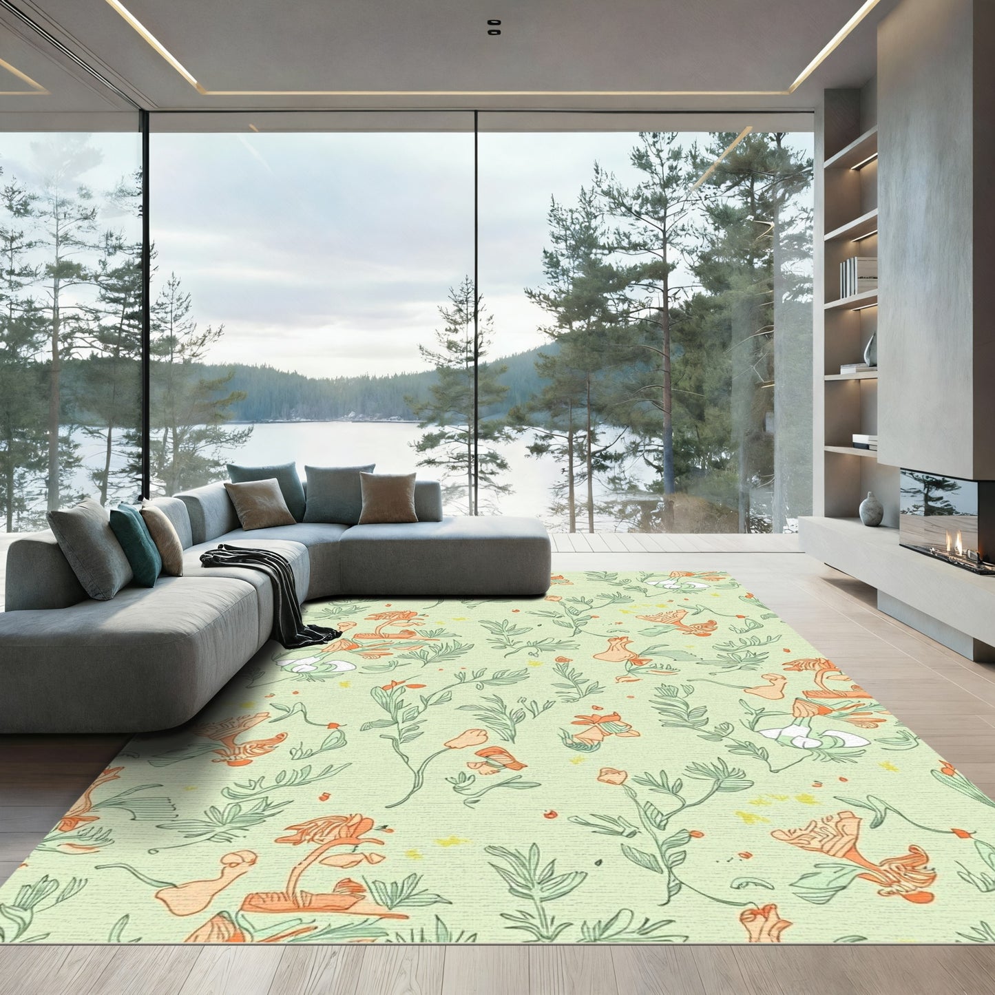 Delicate Coral Floral Line Art Rug