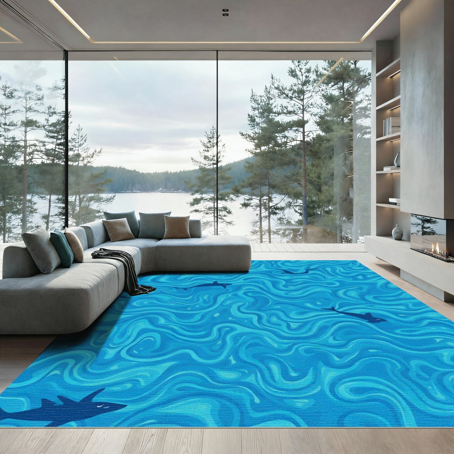 Deep Blue Shark School Swirl Wave Rug