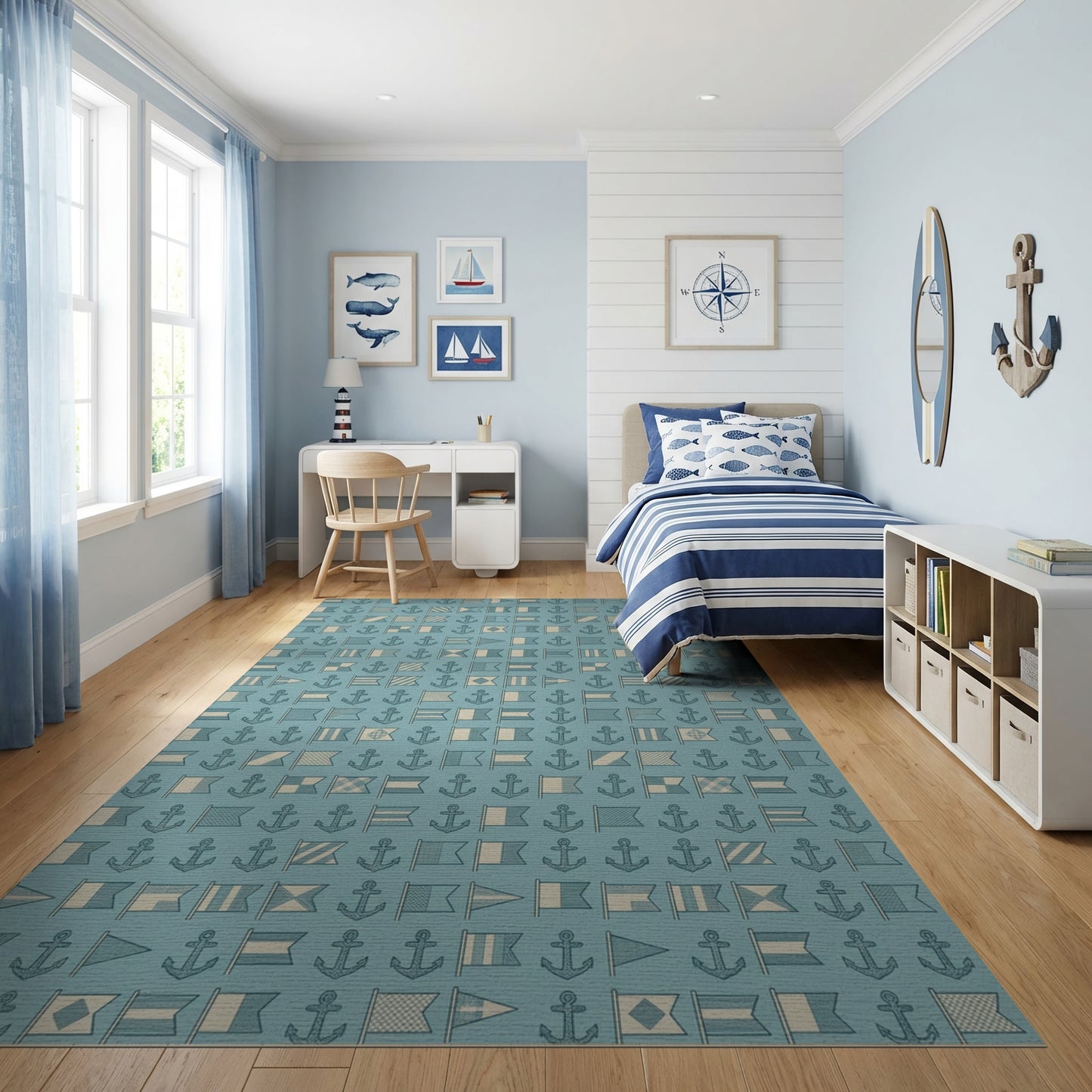 Teal Nautical Flags Anchors Rug