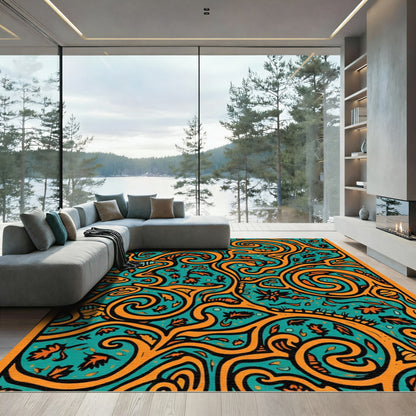Teal Orange Swirling Vine Floral Rug
