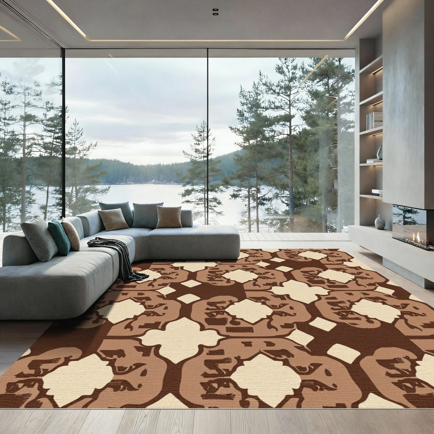 Rich Brown Abstract Repeating Motif Rug