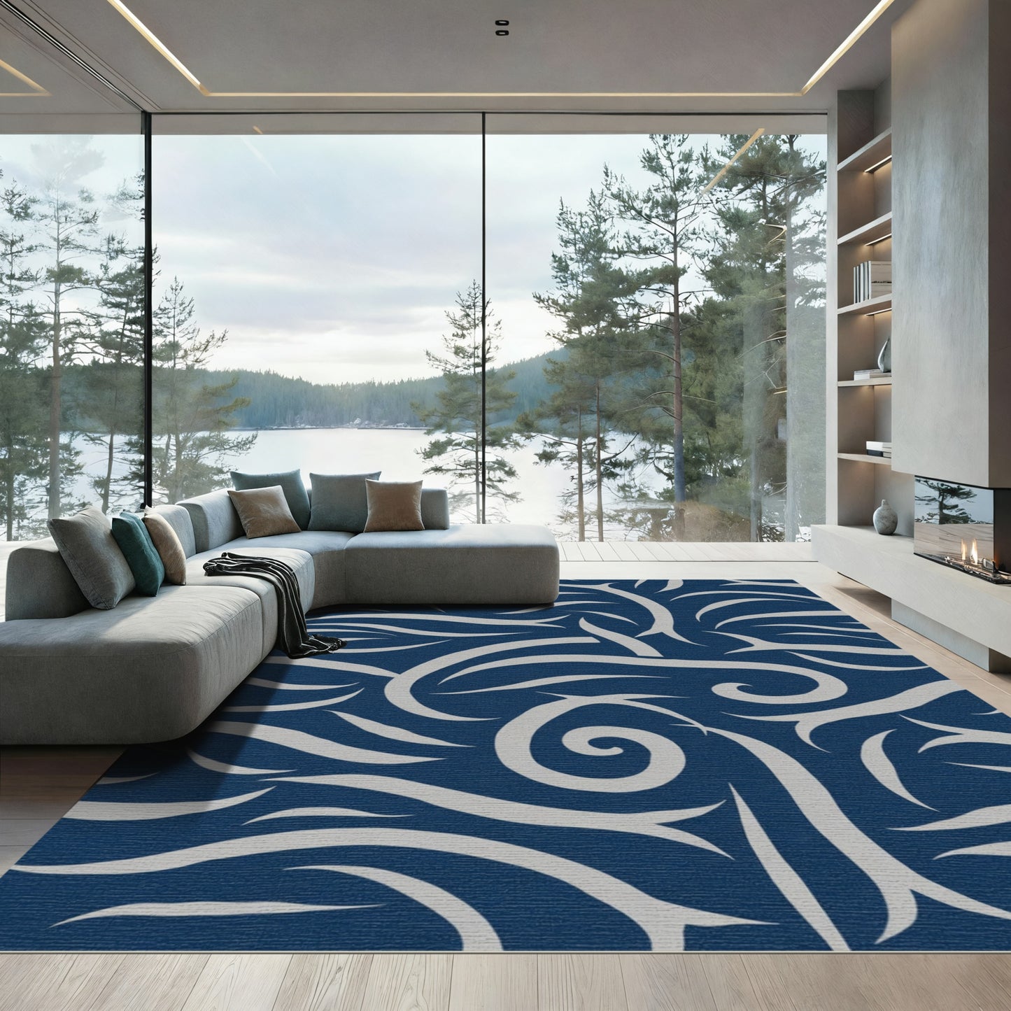 Deep Blue Swirling Organic Lines Rug