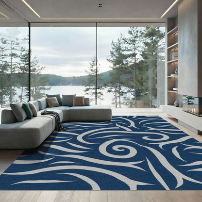 Deep Blue Swirling Organic Lines Rug