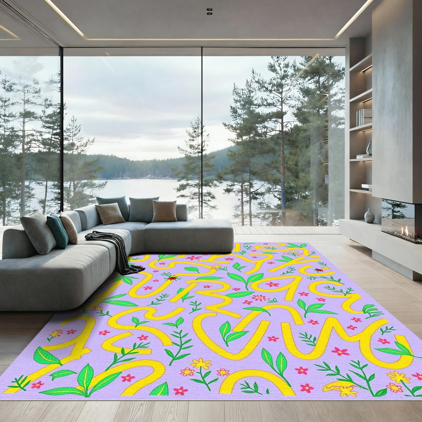 Yellow Winding Botanical Lavender Garden Rug