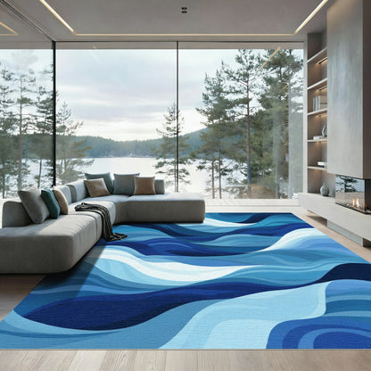 Deep Blue Abstract Wave Harmony Rug