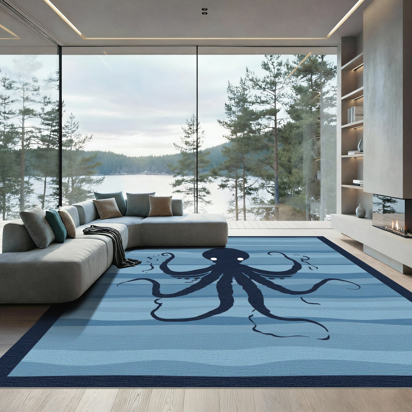 Deep Blue Silhouette Octopus Waves Rug