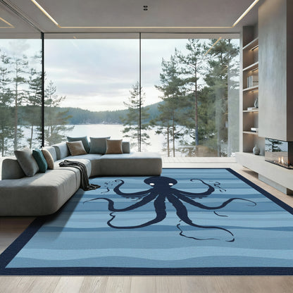 Deep Blue Silhouette Octopus Waves Rug