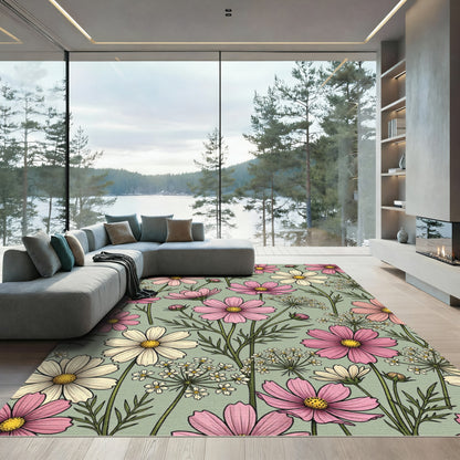 Soft Dusty Green Cosmos Flower Bouquet Rug