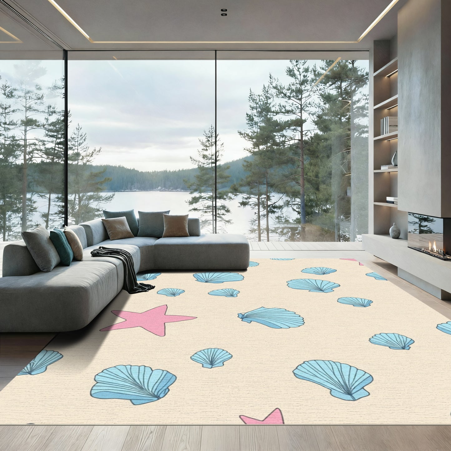 Pink Starfish Blue Seashells Scatter Rug