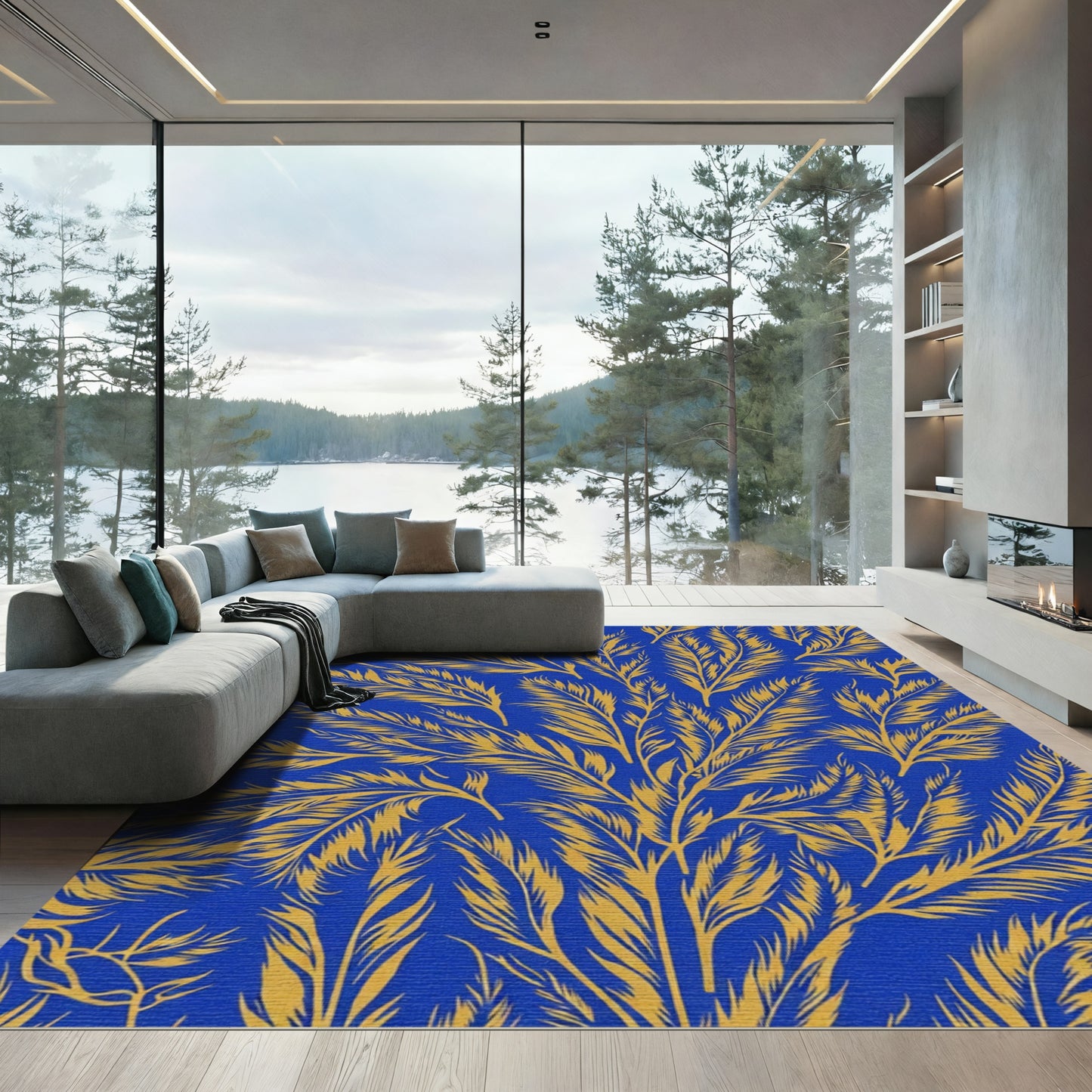 Golden Ferns on Royal Blue Canvas Rug