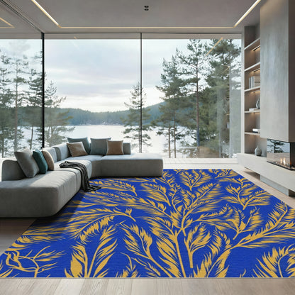 Golden Ferns on Royal Blue Canvas Rug
