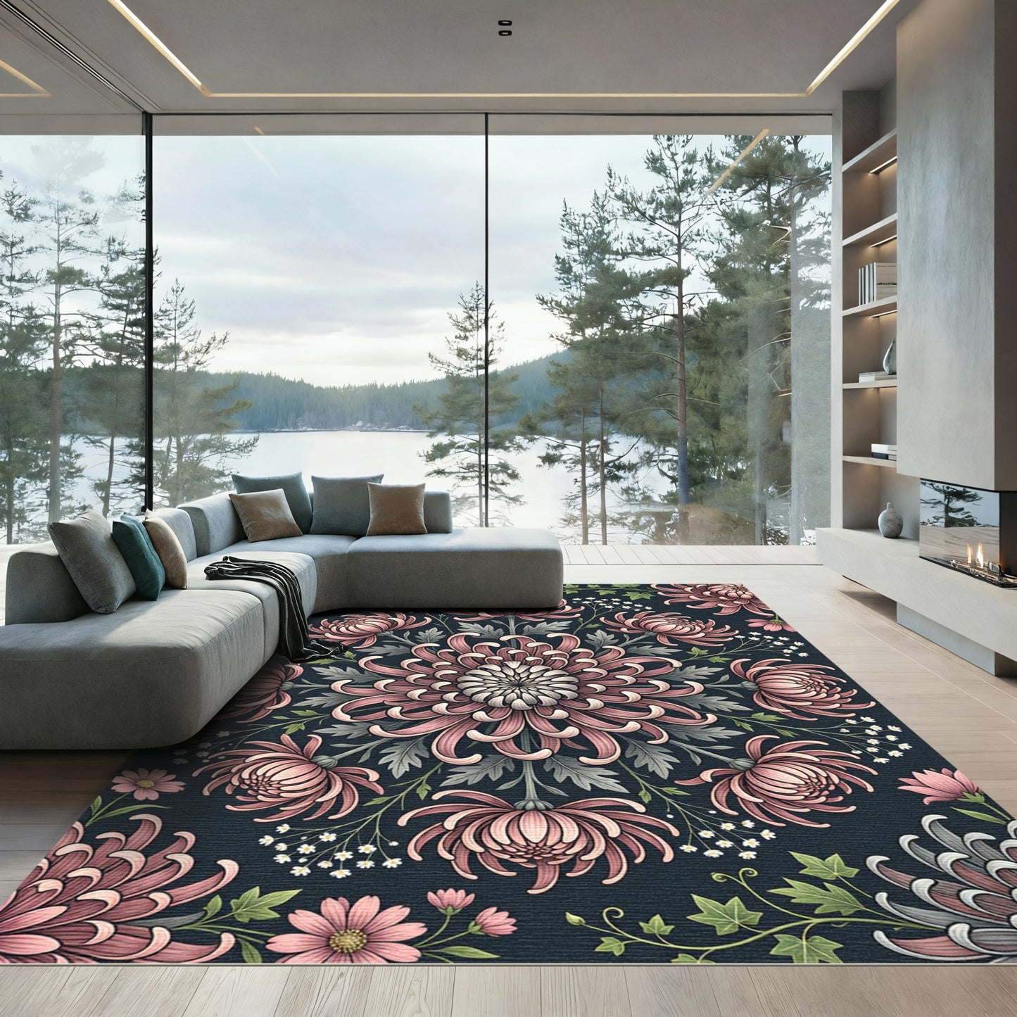 Blush Pink Chrysanthemum Floral Mandala Rug