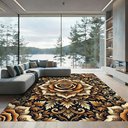Golden Ochre Floral Damask Mandala Rug