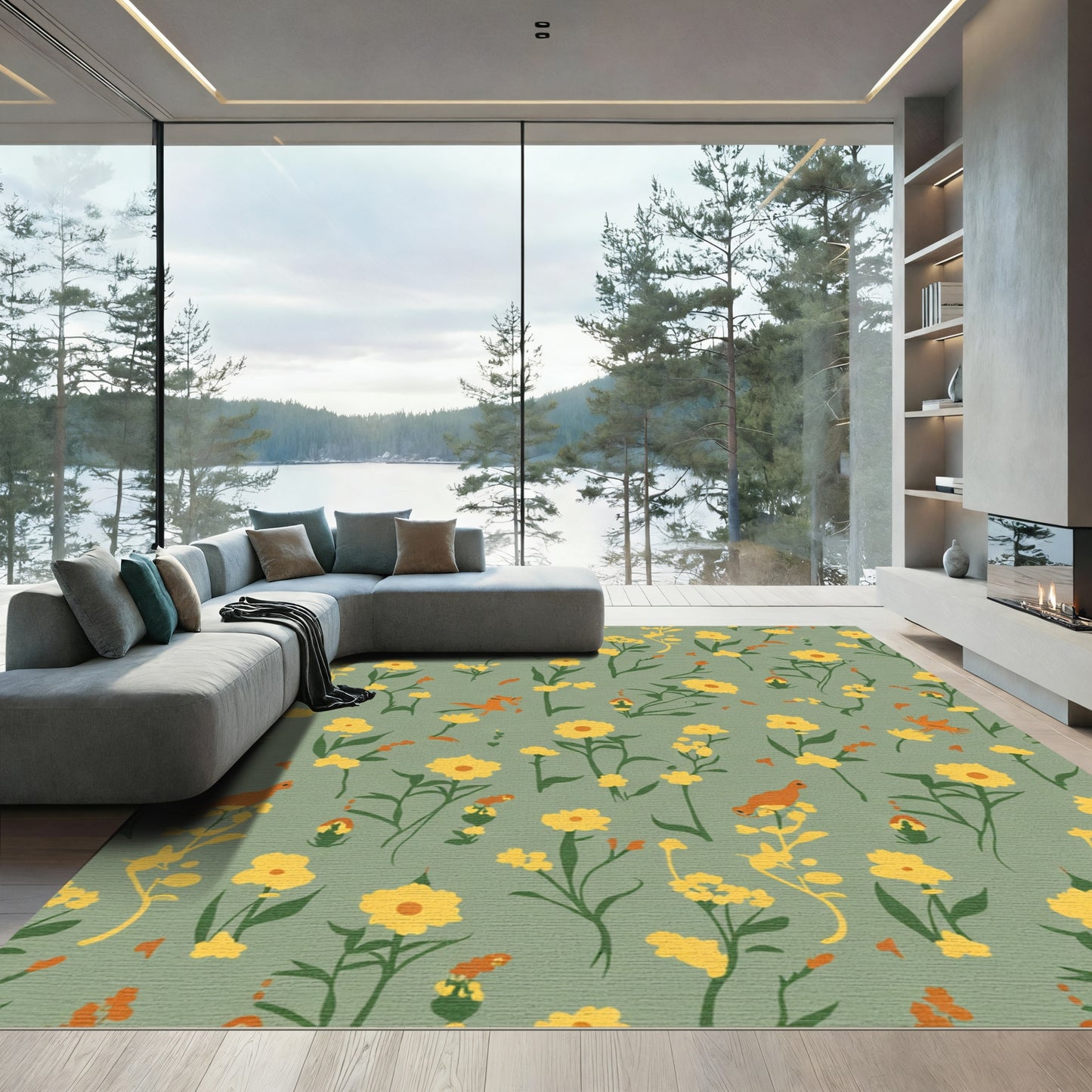 Sage Green Yellow Floral Bird Medley Rug