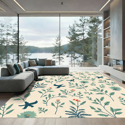 Dark Teal Birds Green Foliage Berries Rug