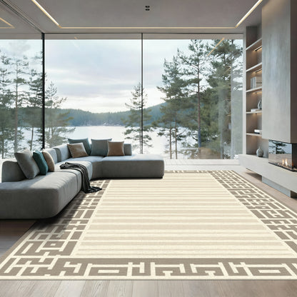 Neutral Geometric Border Striped Rug