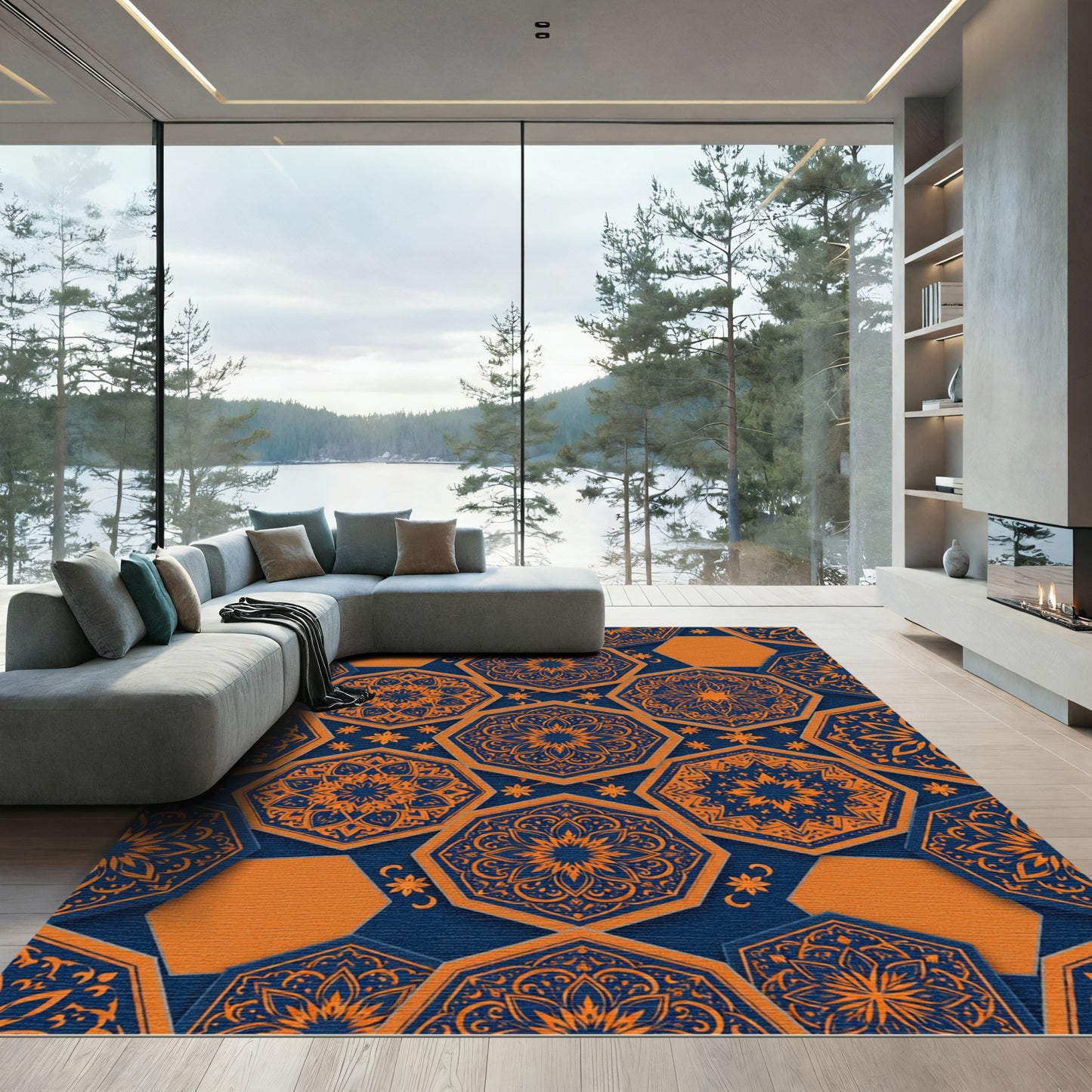 Navy and Orange Hexagonal Mandala Rug