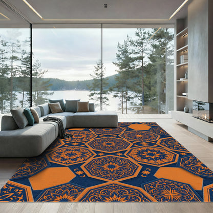 Navy and Orange Hexagonal Mandala Rug