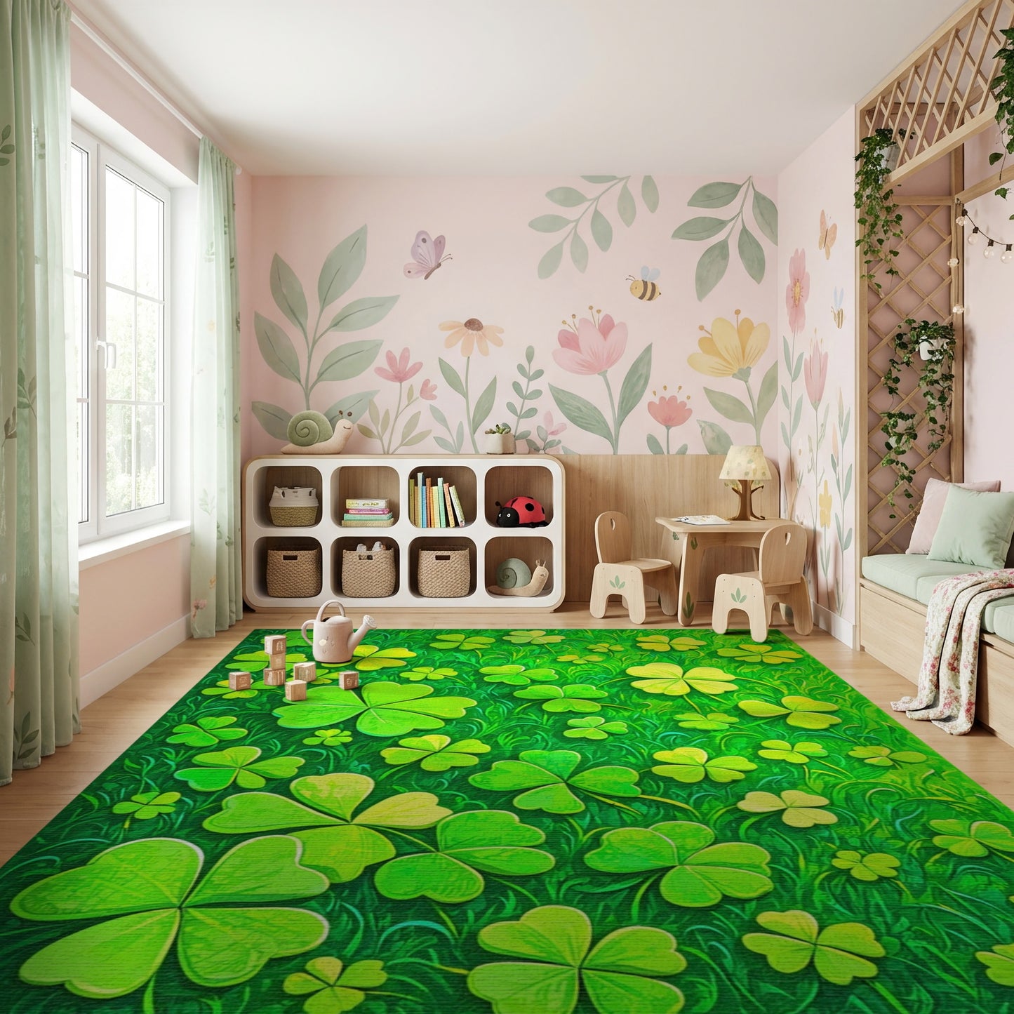 Vibrant Lush Four-Leaf Clover Grass Rug