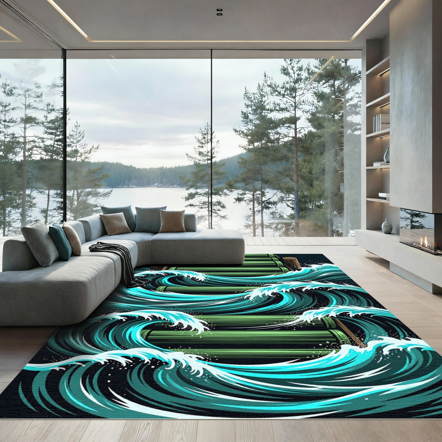 Dynamic Teal Wave Bamboo Pier Art Rug