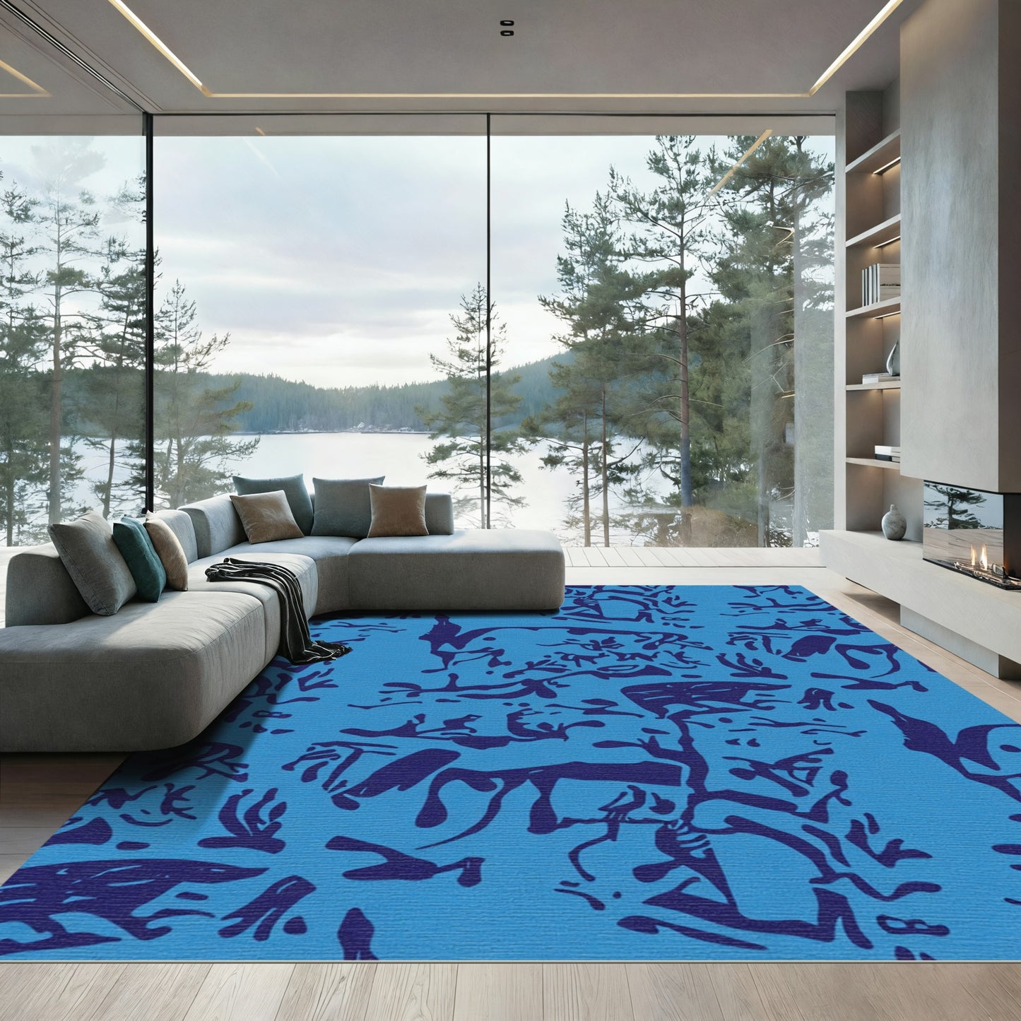 Deep Blue Animalistic Scrollwork Rug