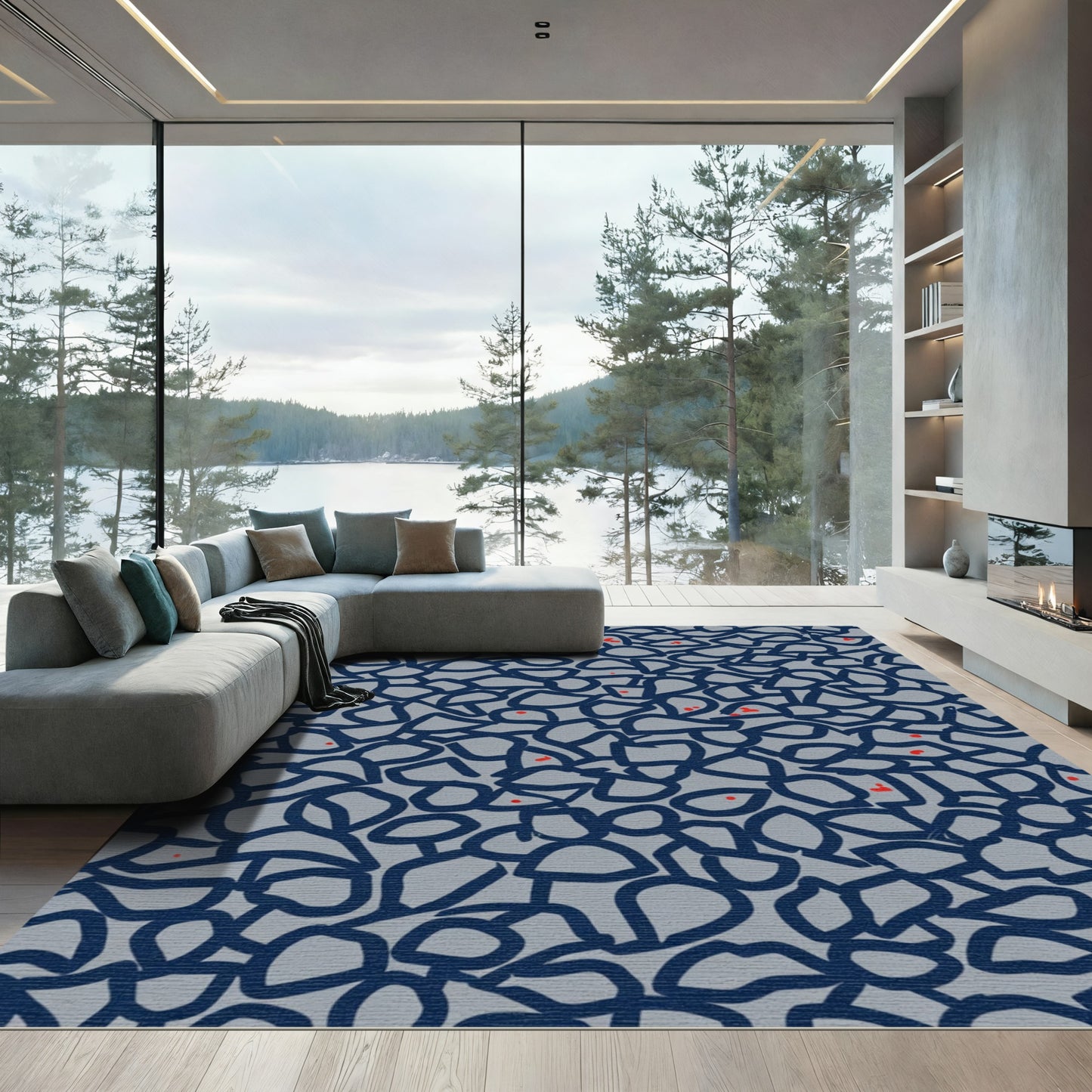 Abstract Blue Gray Red Organic Shapes Rug