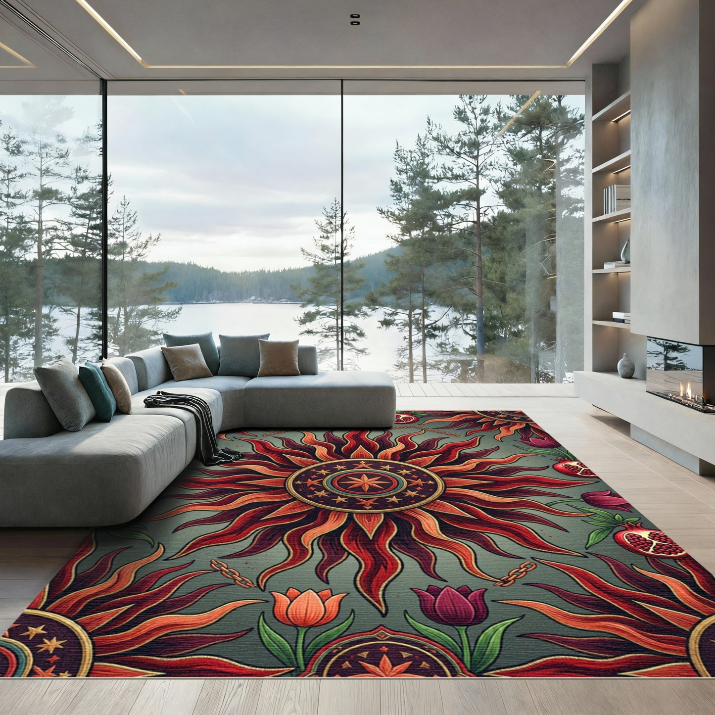 Radiant Solar Celestial Pomegranate Floral Tapestry Rug