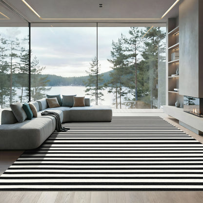 Classic Black White Parallel Bands Rug
