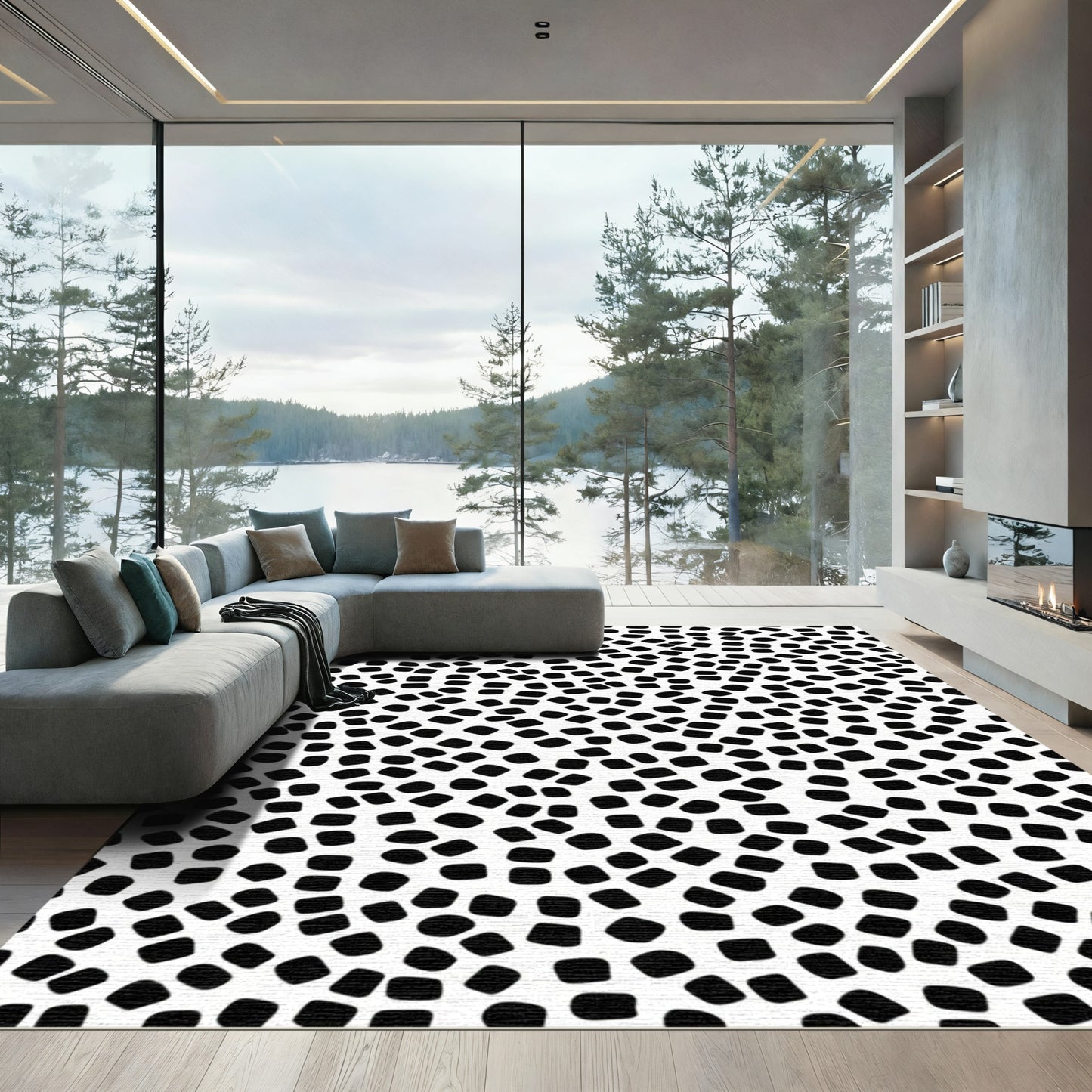 Abstract Black White Speckled Squares Rug