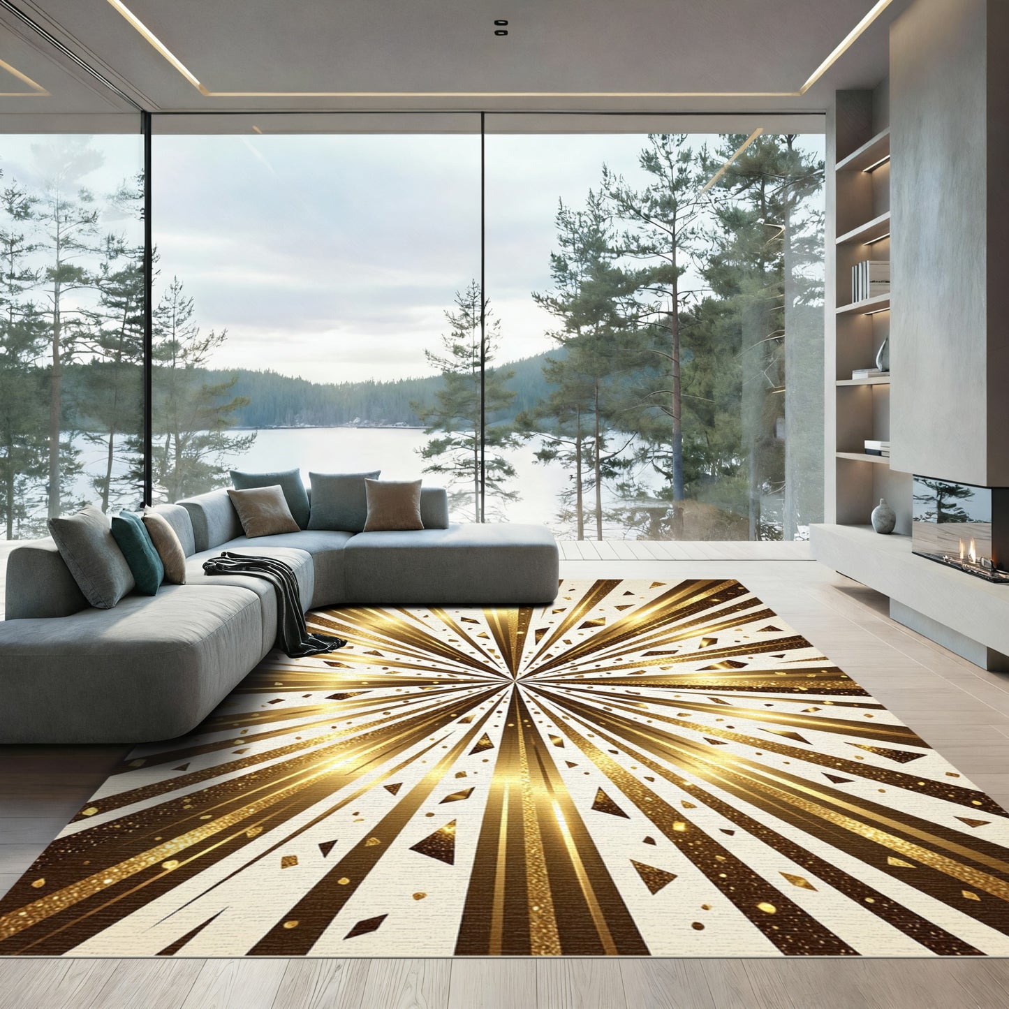 Radiant Gold Starburst Geometric Rug