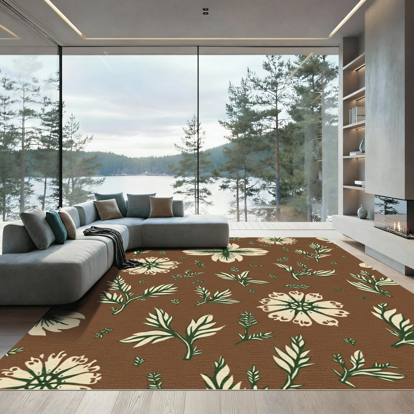 Cream Green Floral Branch Composition Rug