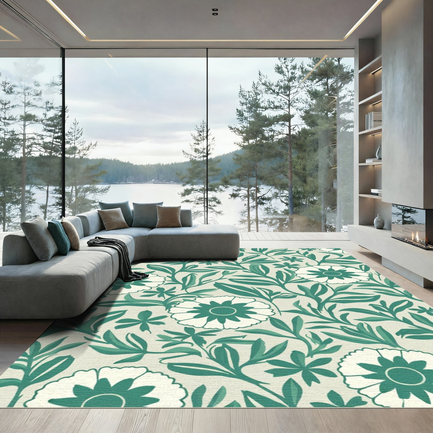 Teal Floral Vine Cream Background Rug