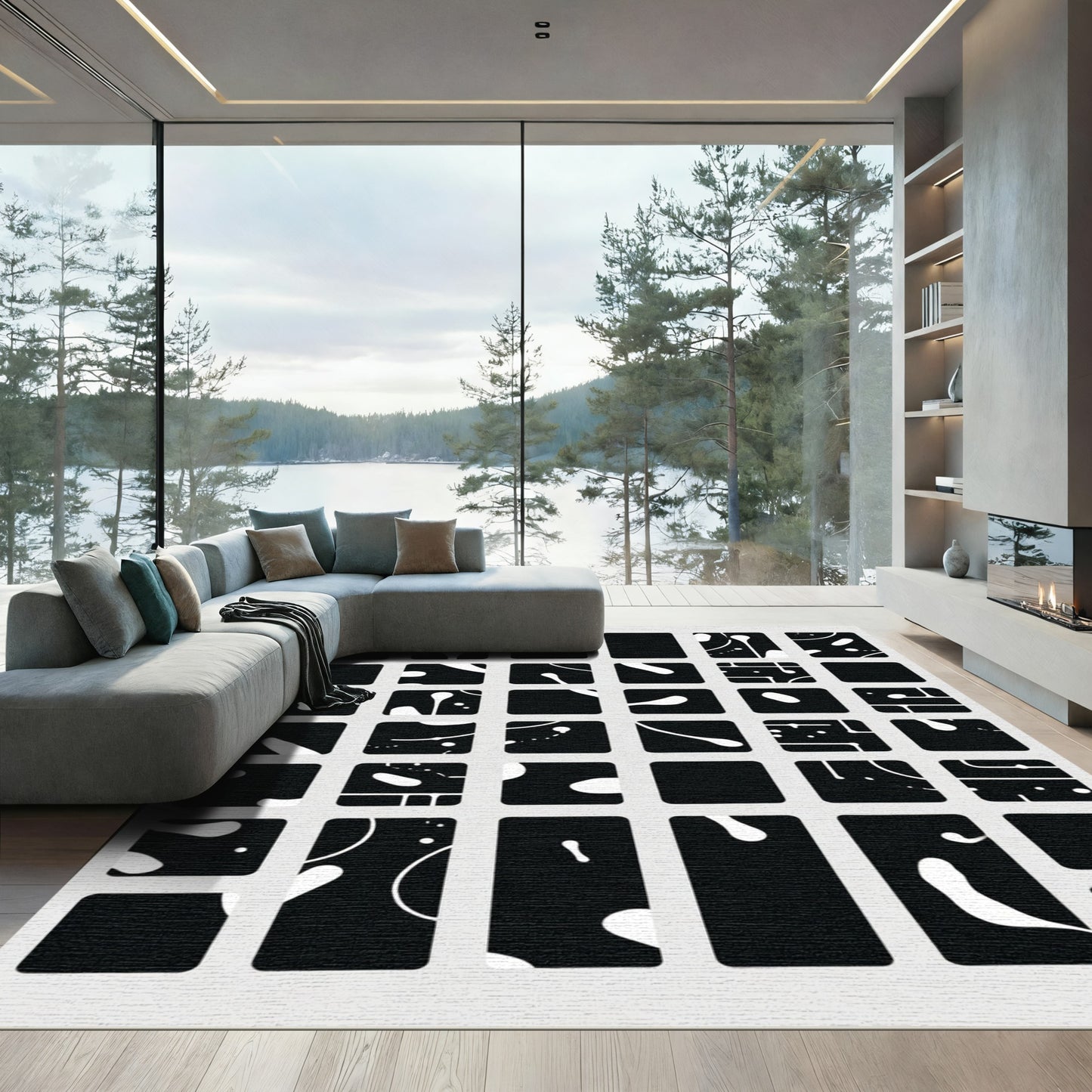 Black White Organic Splatter Collage Rug
