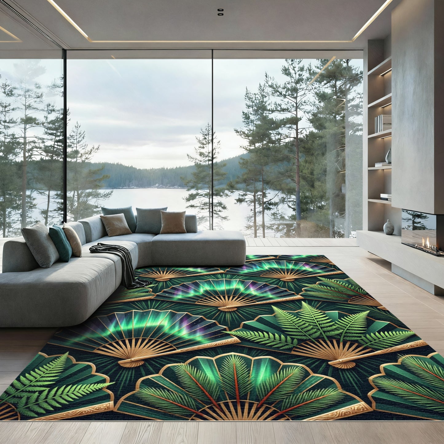 Emerald Aurora Fan Tropical Fern Rug