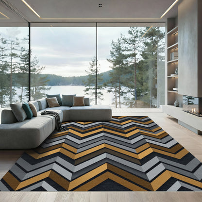 Modern Metallic Gold and Gray Chevron Rug