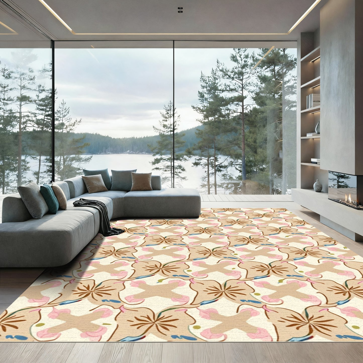 Ecru Tan Pink Floral Butterfly Mosaic Rug