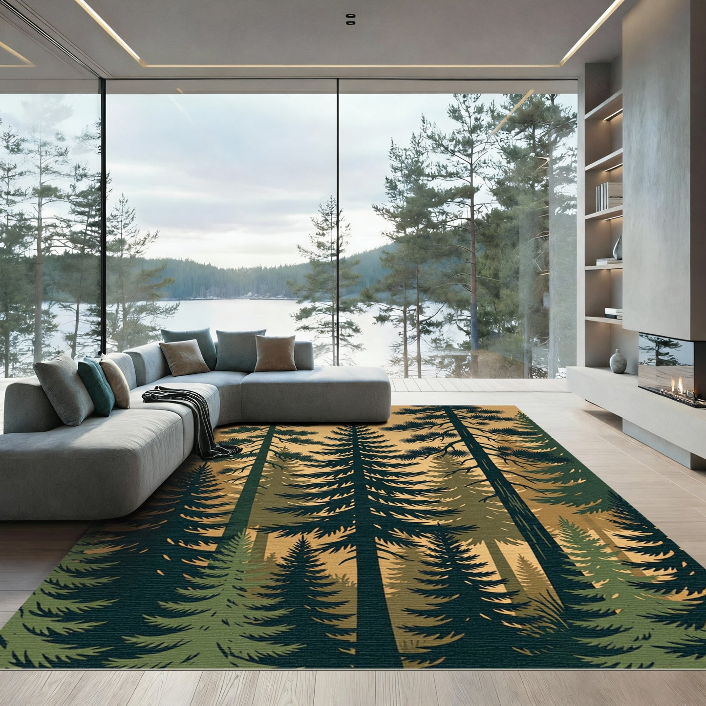 Earthy Forest Pine Silhouette Landscape Rug